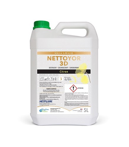 Détergent désinfectant surodorant Nettoyor 3D Netflore, Citron, 5 litres - HYGIENE ET NATURE